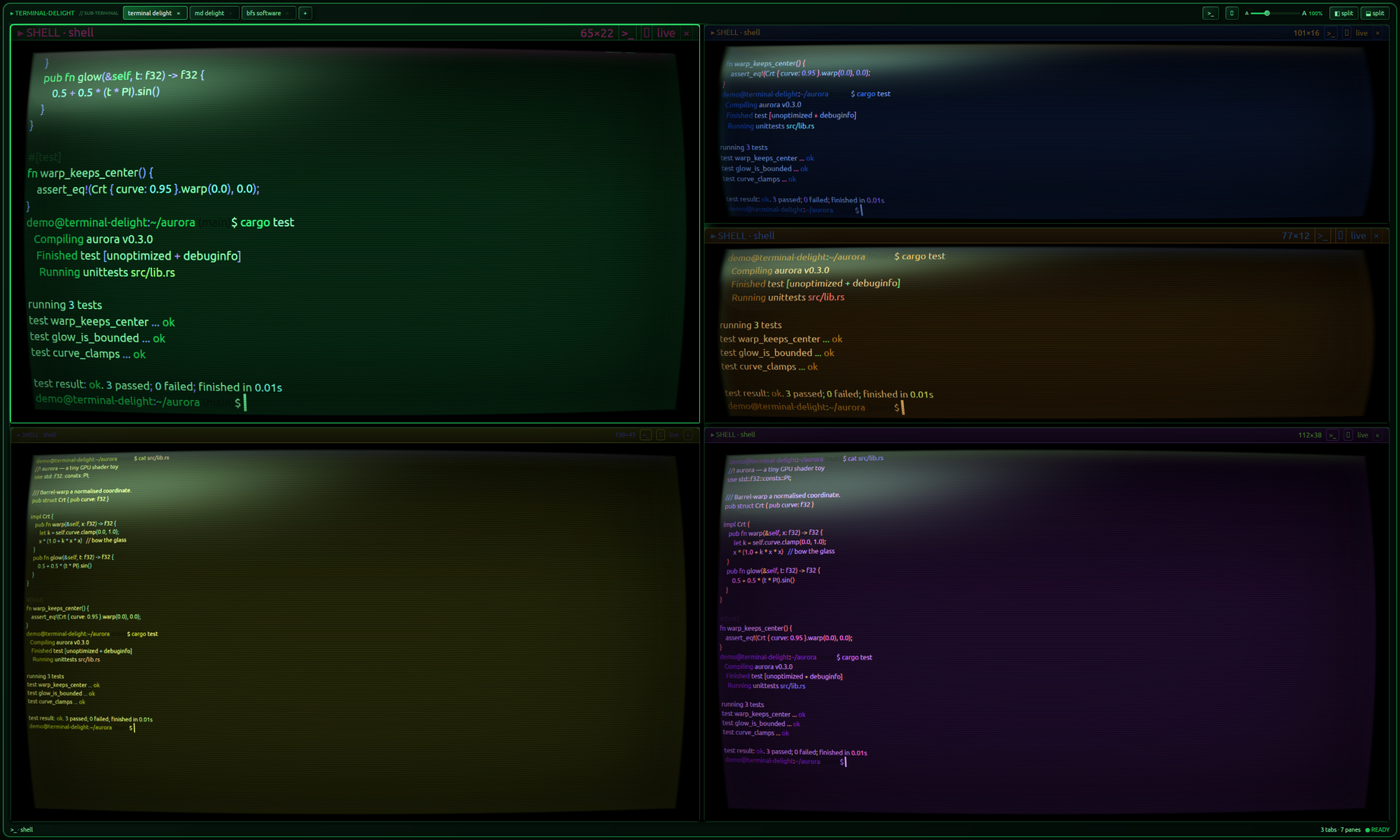 a wall of barrel-warped CRT terminal panes, each a different colour