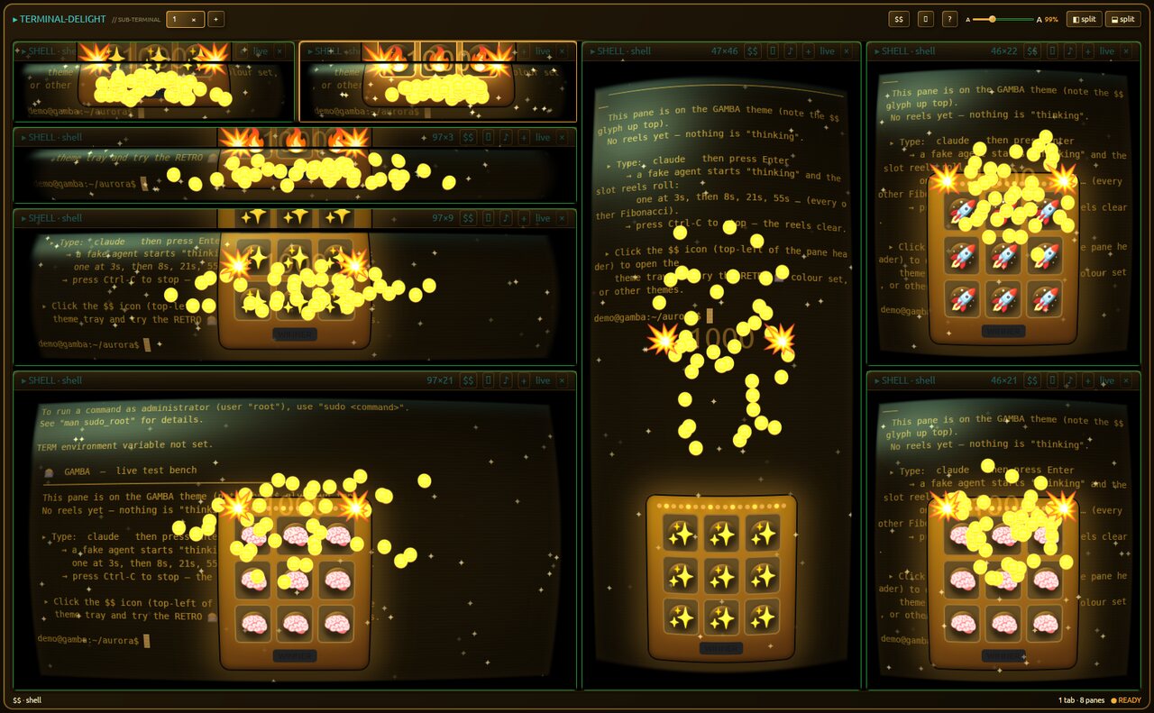 terminal-delight on the GAMBA theme: four tiled terminal panes, each spinning a 3×3 slot-machine board of AI-slop emoji, with gold coins spraying across every pane as the agents think