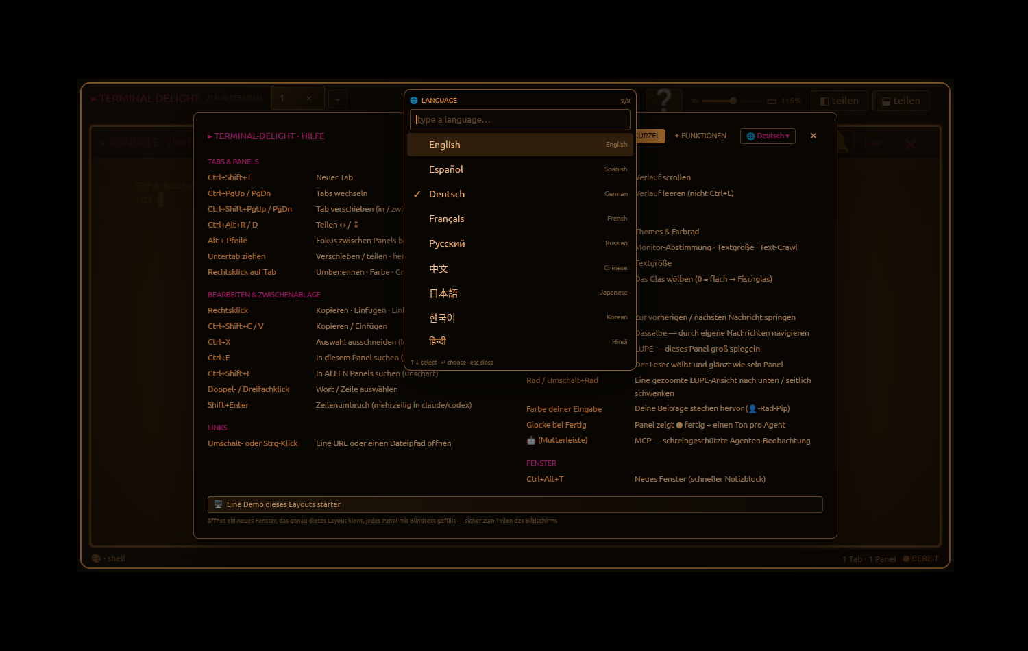 terminal-delight's language dropdown open over the help modal: a fuzzy-search box above a list of nine languages, each showing its native name and English name — English, Español, Deutsch, Français, Русский, 中文, 日本語, 한국어, हिन्दी — Deutsch checkmarked, every script rendering with no tofu