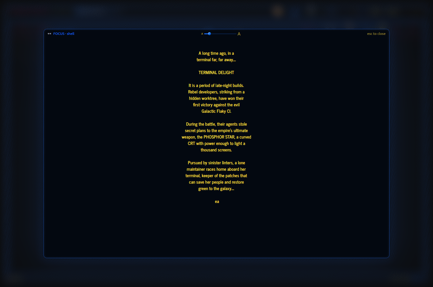the FOCUS reading modal opened over a text-crawl pane: the mirrored terminal text shows in the centred crawl font, big and readable, over a frosted-glass blurred backdrop of the crawling screen behind it